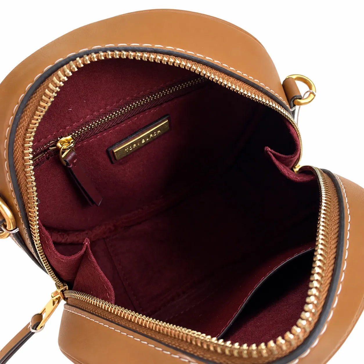 Tory Burch T-pattern round crossbody bag | Beige embossed canvas with brown leather trim detachable shoulder strap