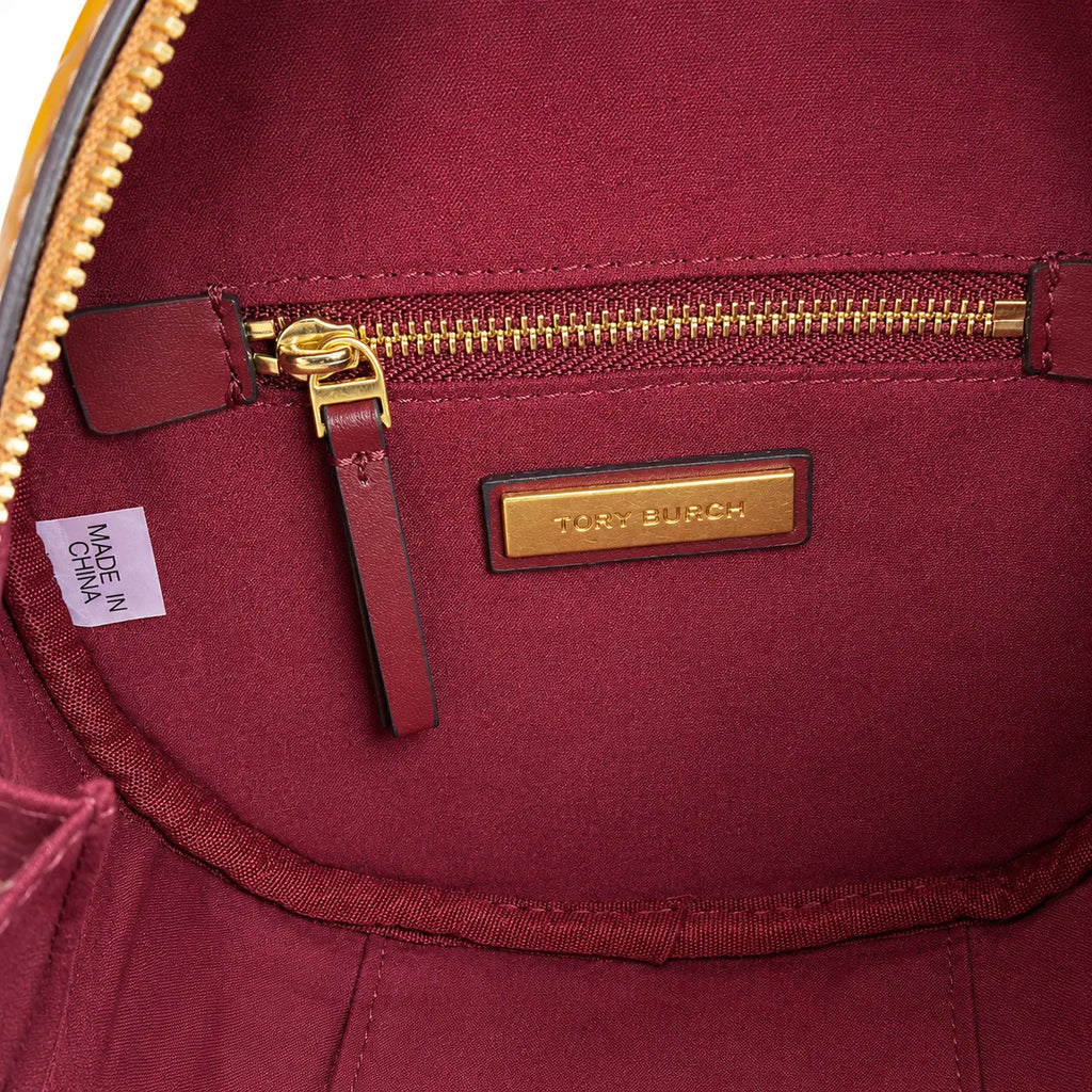 Tory Burch T-pattern round crossbody bag | Beige embossed canvas with brown leather trim detachable shoulder strap