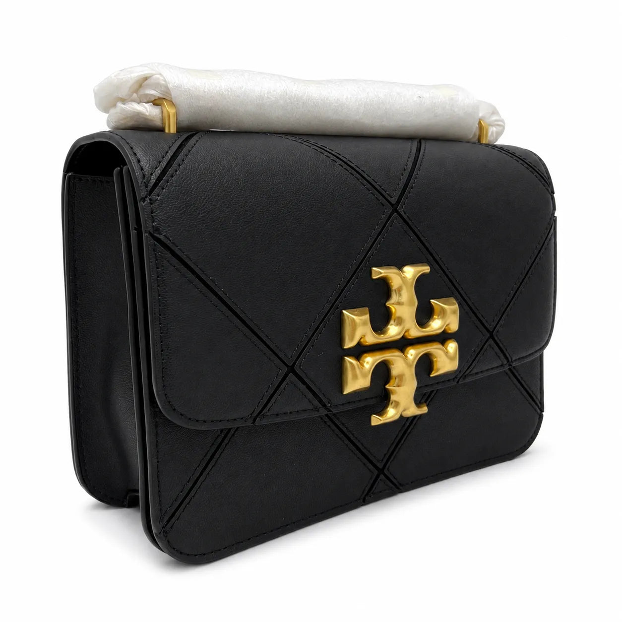 Tory Burch Eleanor Quilted Chain Bag | Black lambskin adjustable shoulder strap magnetic closure  women's designer quilted chain bag