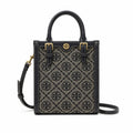 Tory Burch T Monogram | Off-white embossed canvas with brown leather trim detachable shoulder strap  women's designer mini sheet music bag
