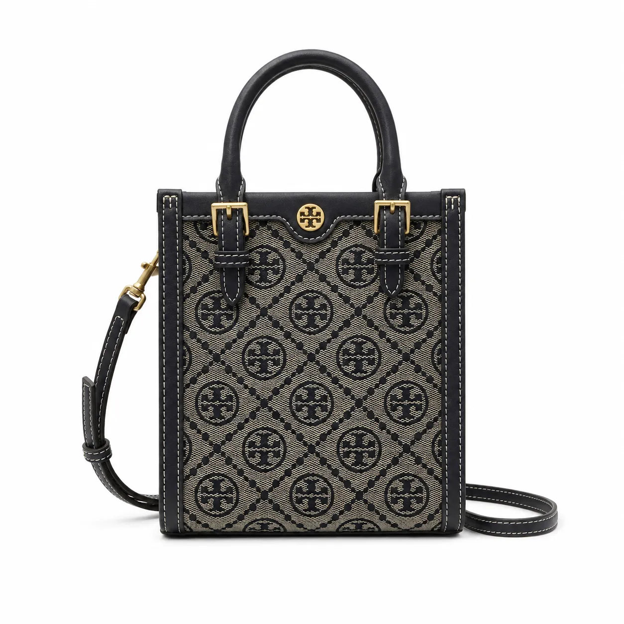 Tory Burch T Monogram | Off-white embossed canvas with brown leather trim detachable shoulder strap  women's designer mini sheet music bag