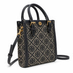 Tory Burch T Monogram | Off-white embossed canvas with brown leather trim detachable shoulder strap  women's designer mini sheet music bag