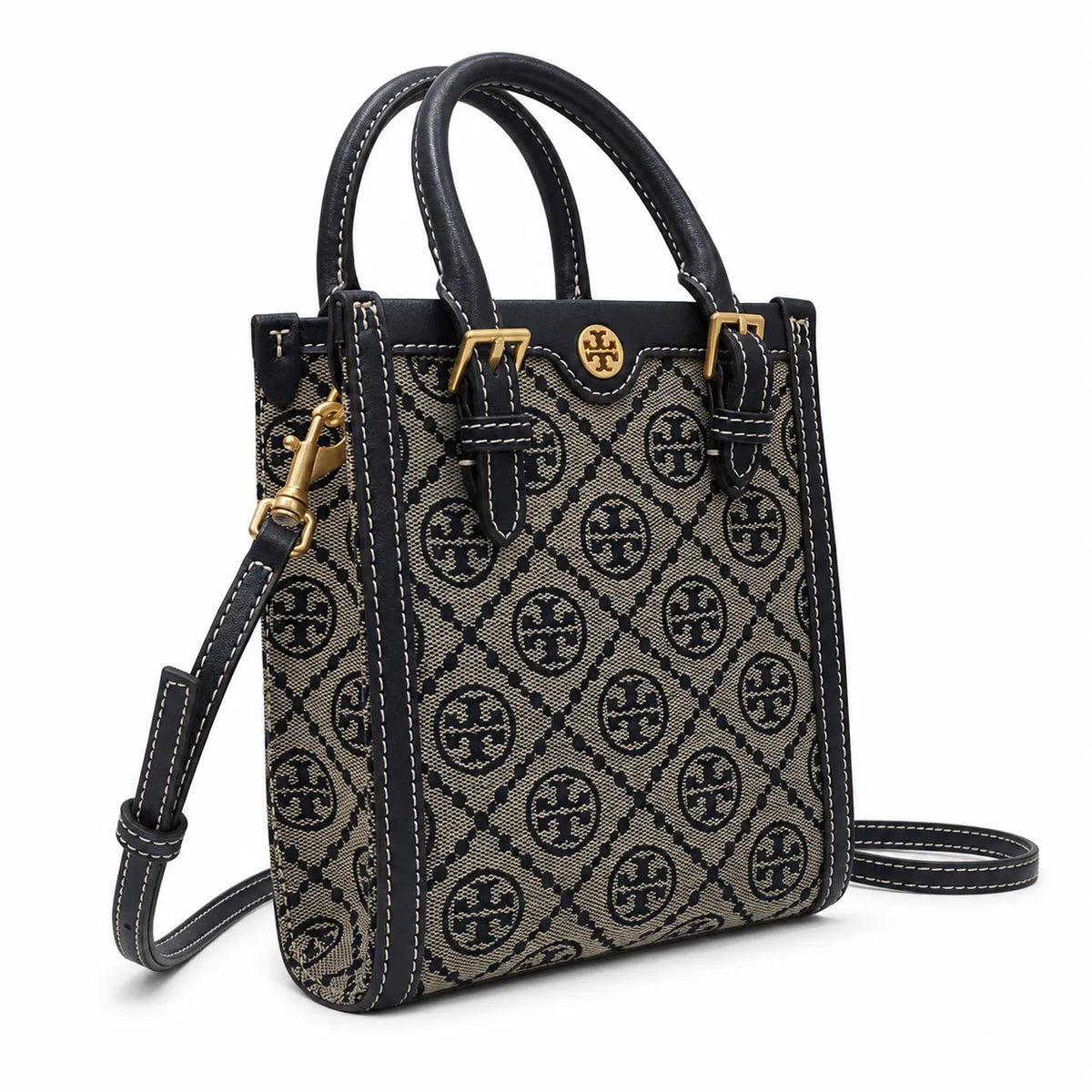 Tory Burch T Monogram | Off-white embossed canvas with brown leather trim detachable shoulder strap  women's designer mini sheet music bag