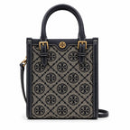 Tory Burch T Monogram | Off-white embossed canvas with brown leather trim detachable shoulder strap  women's designer mini sheet music bag