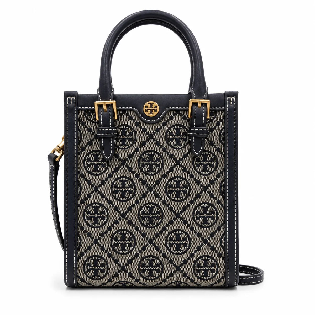 Tory Burch T Monogram | Off-white embossed canvas with brown leather trim detachable shoulder strap  women's designer mini sheet music bag