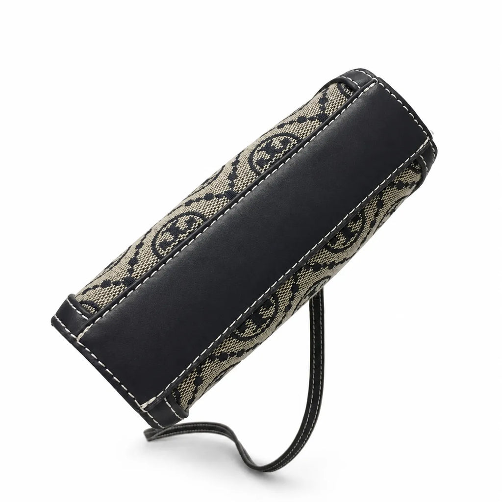 Tory Burch T Monogram | Off-white embossed canvas with brown leather trim detachable shoulder strap  women's designer mini sheet music bag