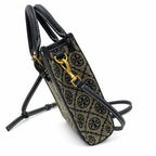 Tory Burch T Monogram | Off-white embossed canvas with brown leather trim detachable shoulder strap  women's designer mini sheet music bag