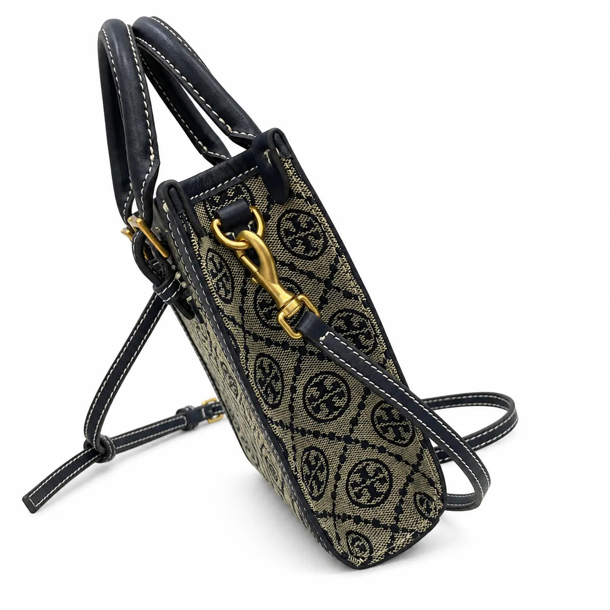 Tory Burch T Monogram | Off-white embossed canvas with brown leather trim detachable shoulder strap  women's designer mini sheet music bag