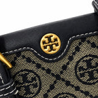 Tory Burch T Monogram | Off-white embossed canvas with brown leather trim detachable shoulder strap  women's designer mini sheet music bag