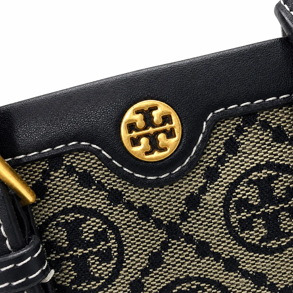 Tory Burch T Monogram | Off-white embossed canvas with brown leather trim detachable shoulder strap  women's designer mini sheet music bag