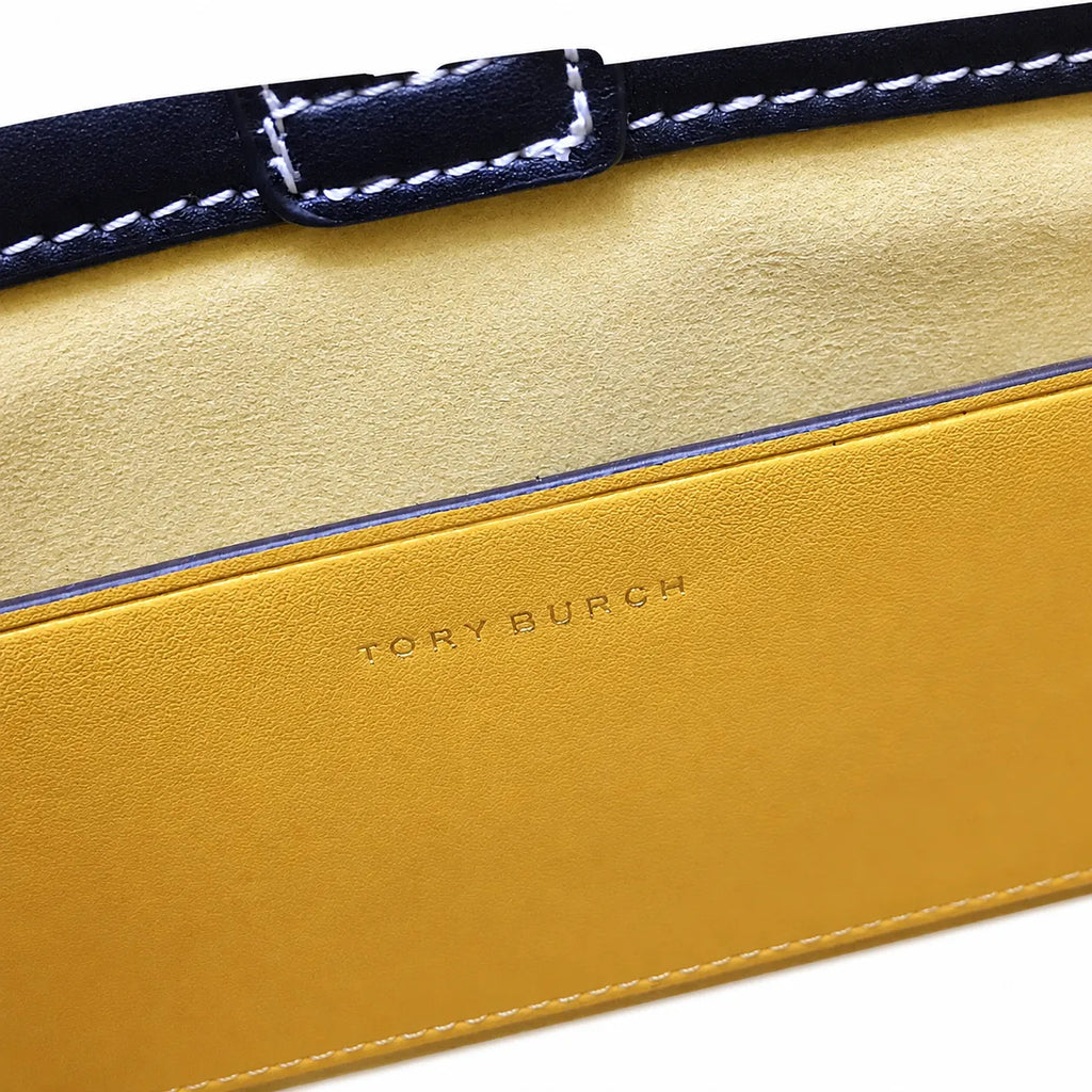 Tory Burch T Monogram | Off-white embossed canvas with brown leather trim detachable shoulder strap  women's designer mini sheet music bag