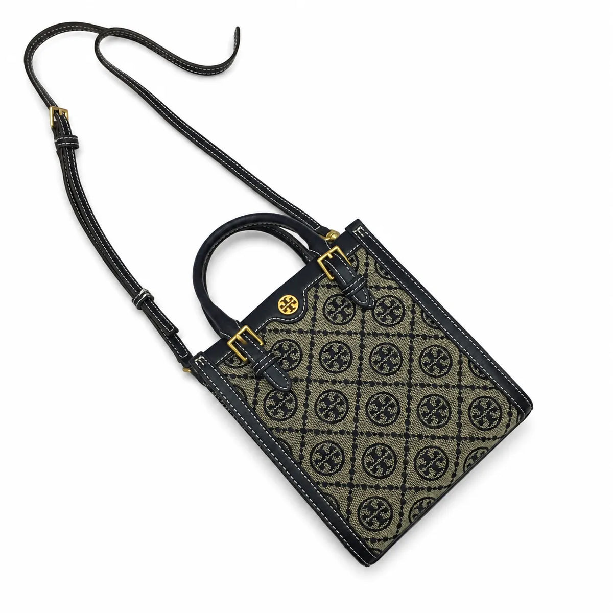 Tory Burch T Monogram | Off-white embossed canvas with brown leather trim detachable shoulder strap  women's designer mini sheet music bag