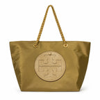 Tory Burch Ella | Olive green recycled nylon gold chain shoulder strap double T leather patch  magnetic closure  women's designer chain handbag