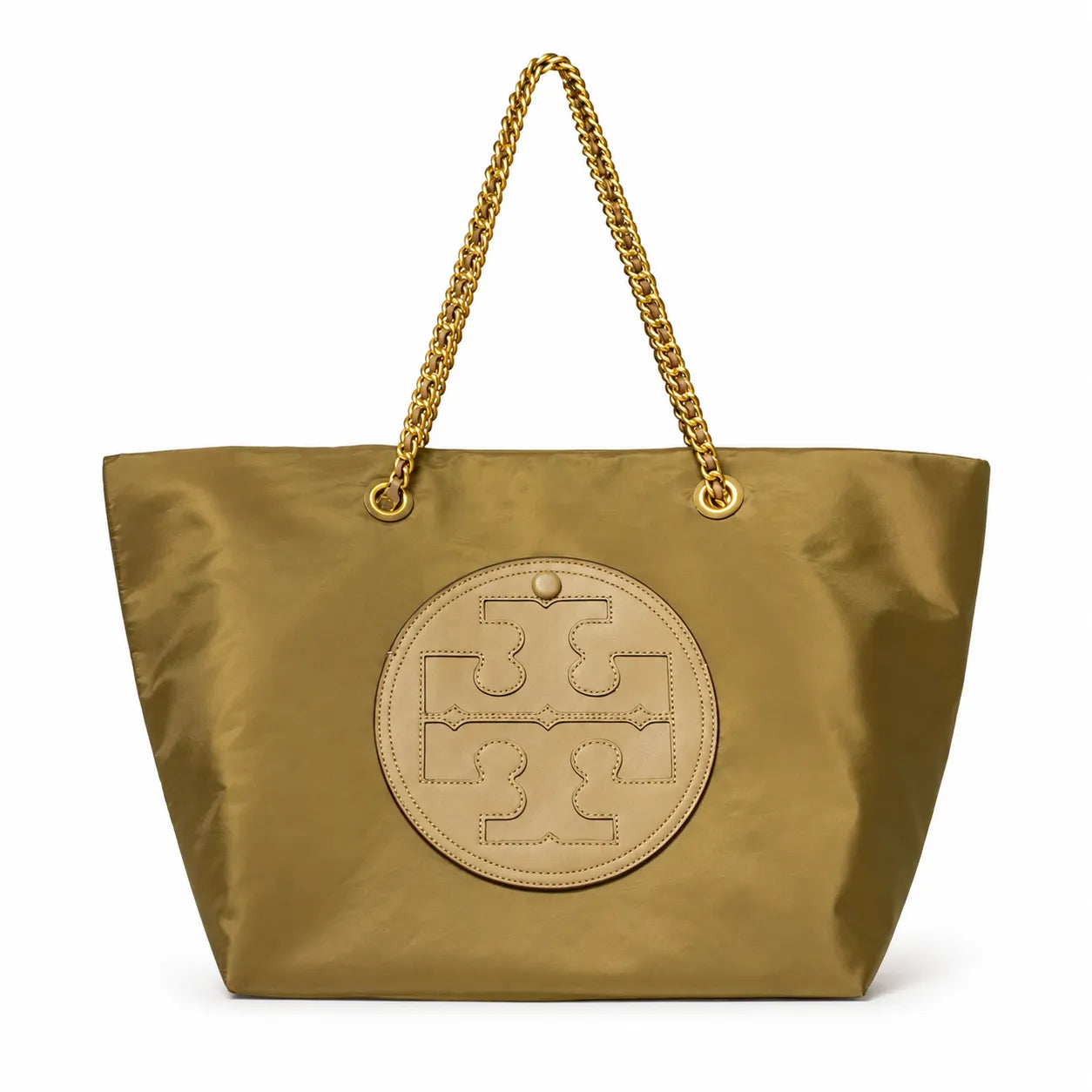Tory Burch Ella | Olive green recycled nylon gold chain shoulder strap double T leather patch  magnetic closure  women's designer chain handbag