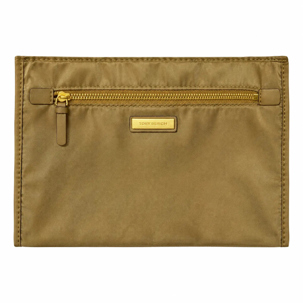 Tory Burch Ella | Olive green recycled nylon gold chain shoulder strap double T leather patch  magnetic closure  women's designer chain handbag