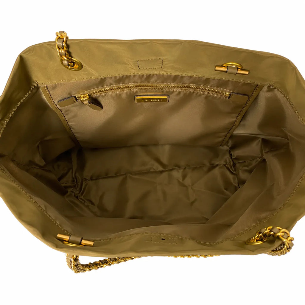 Tory Burch Ella | Olive green recycled nylon gold chain shoulder strap double T leather patch  magnetic closure  women's designer chain handbag