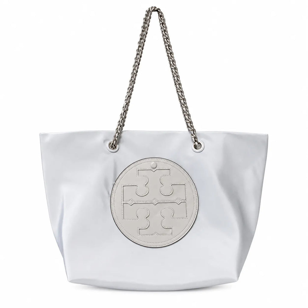 Tory Burch Ella | Light gray recycled nylon silver chain shoulder strap double T leather patch magnetic closure women's designer chain handbag