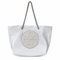 Tory Burch Ella | Light gray recycled nylon silver chain shoulder strap double T leather patch magnetic closure women's designer chain handbag