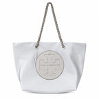 Tory Burch Ella | Light gray recycled nylon silver chain shoulder strap double T leather patch magnetic closure women's designer chain handbag