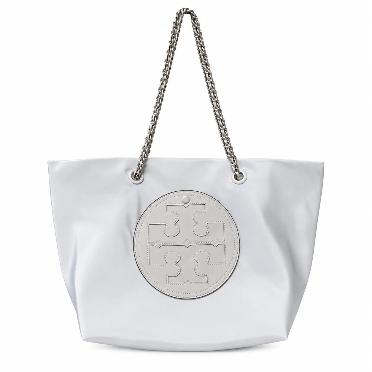 Tory Burch Ella | Light gray recycled nylon silver chain shoulder strap double T leather patch magnetic closure women's designer chain handbag