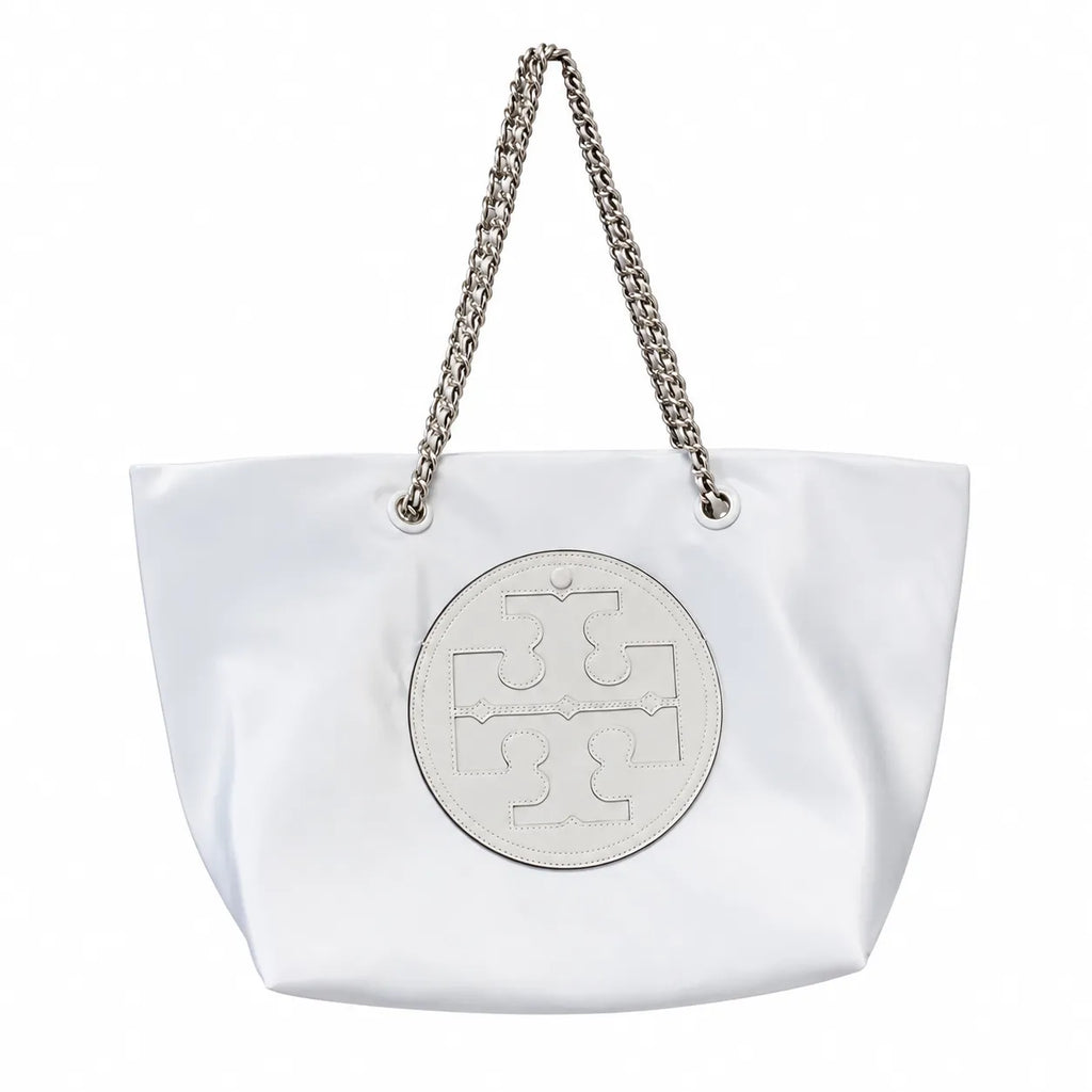 Tory Burch Ella | Light gray recycled nylon silver chain shoulder strap double T leather patch magnetic closure women's designer chain handbag