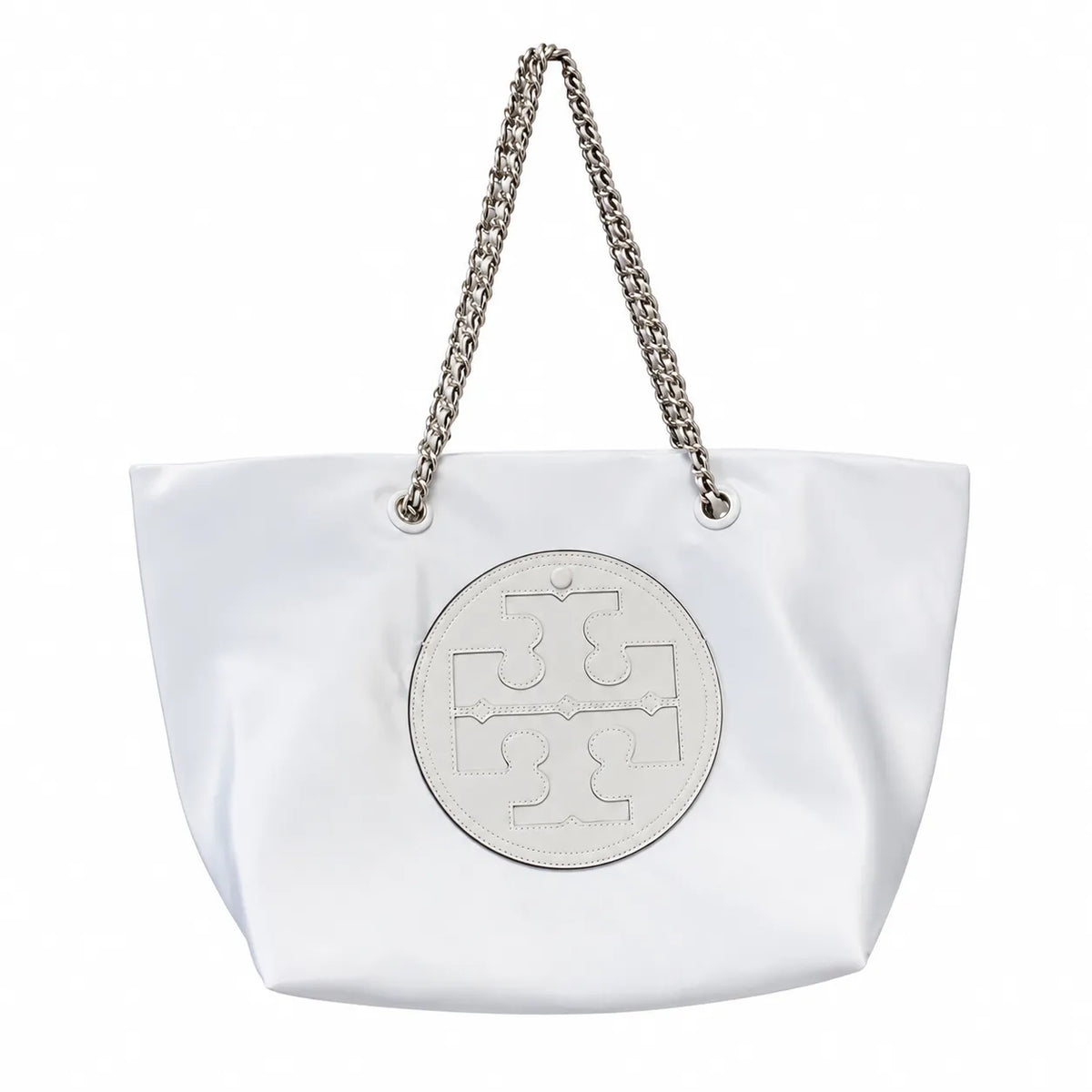 Tory Burch Ella | Light gray recycled nylon silver chain shoulder strap double T leather patch magnetic closure women's designer chain handbag