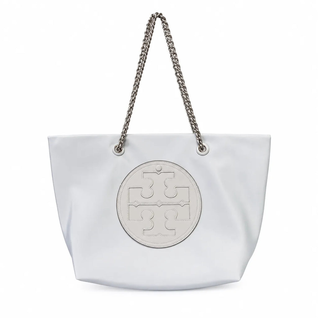 Tory Burch Ella | Light gray recycled nylon silver chain shoulder strap double T leather patch magnetic closure women's designer chain handbag