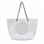 Tory Burch Ella | Light gray recycled nylon silver chain shoulder strap double T leather patch magnetic closure women's designer chain handbag
