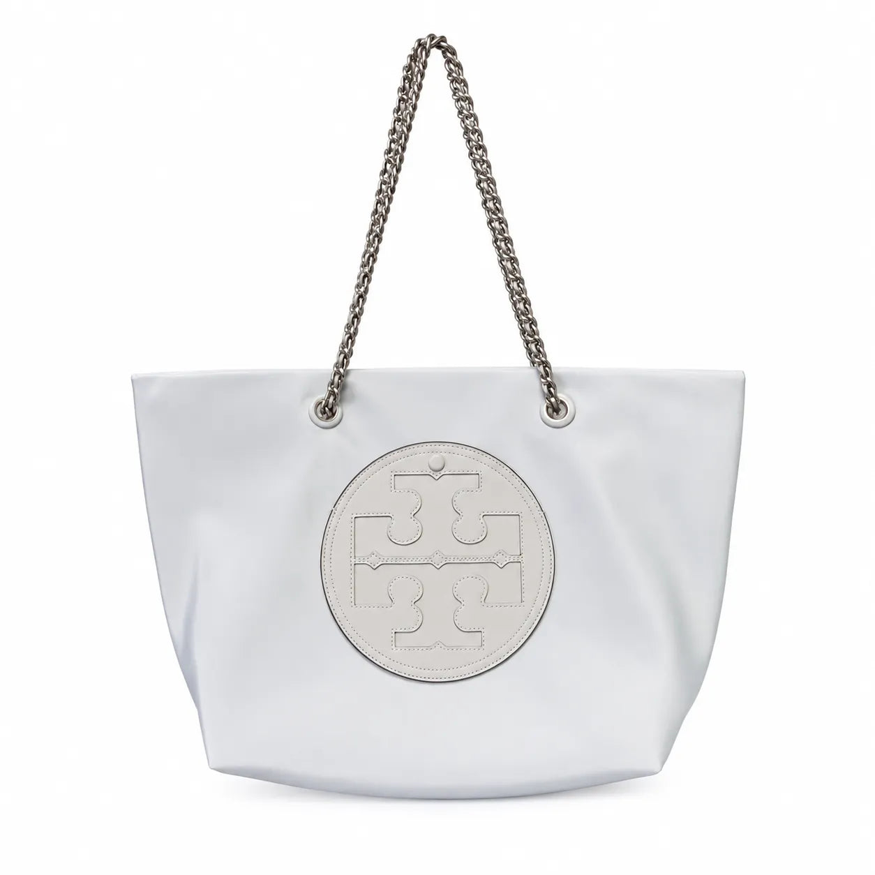 Tory Burch Ella | Light gray recycled nylon silver chain shoulder strap double T leather patch magnetic closure women's designer chain handbag