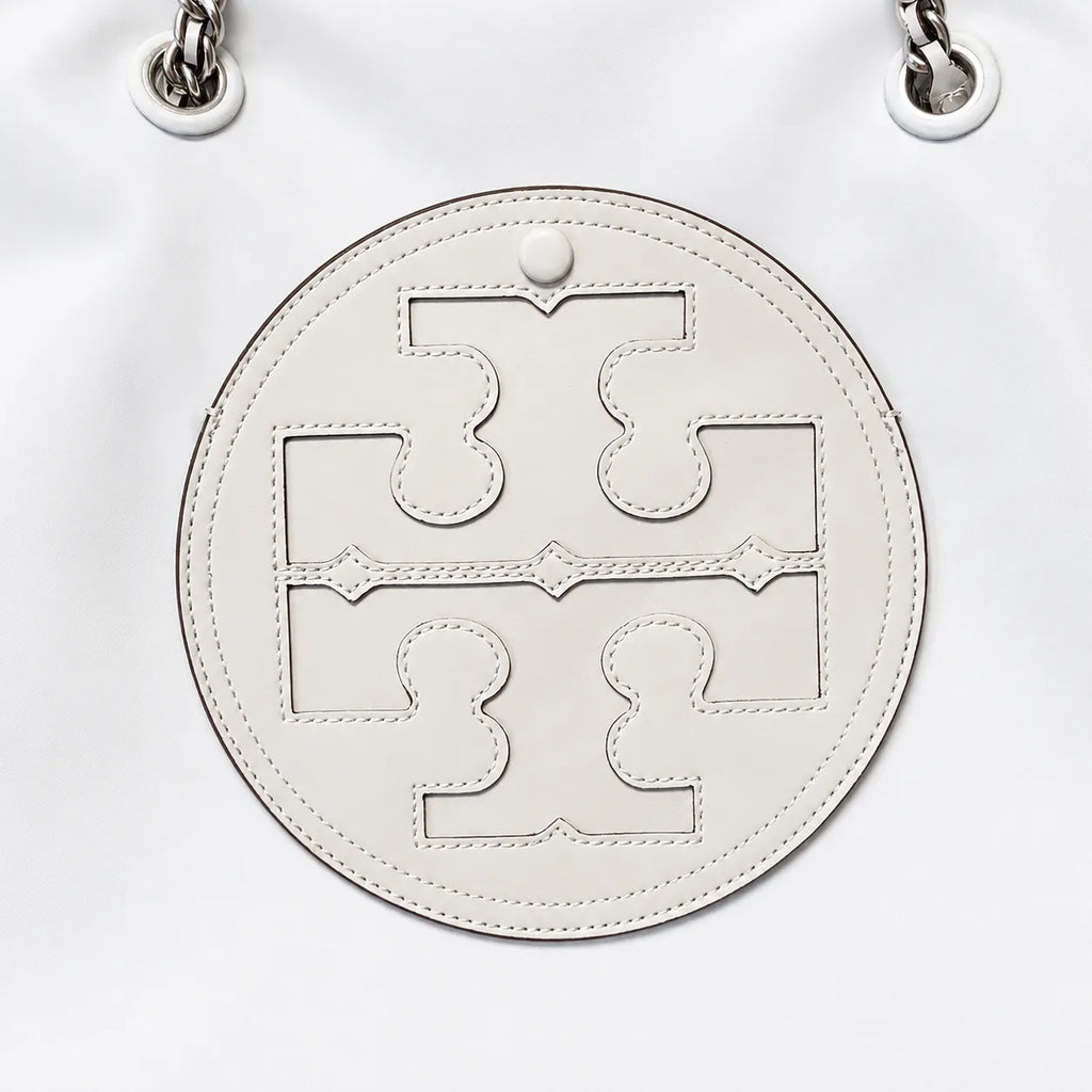 Tory Burch Ella | Light gray recycled nylon silver chain shoulder strap double T leather patch magnetic closure women's designer chain handbag