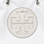 Tory Burch Ella | Light gray recycled nylon silver chain shoulder strap double T leather patch magnetic closure women's designer chain handbag