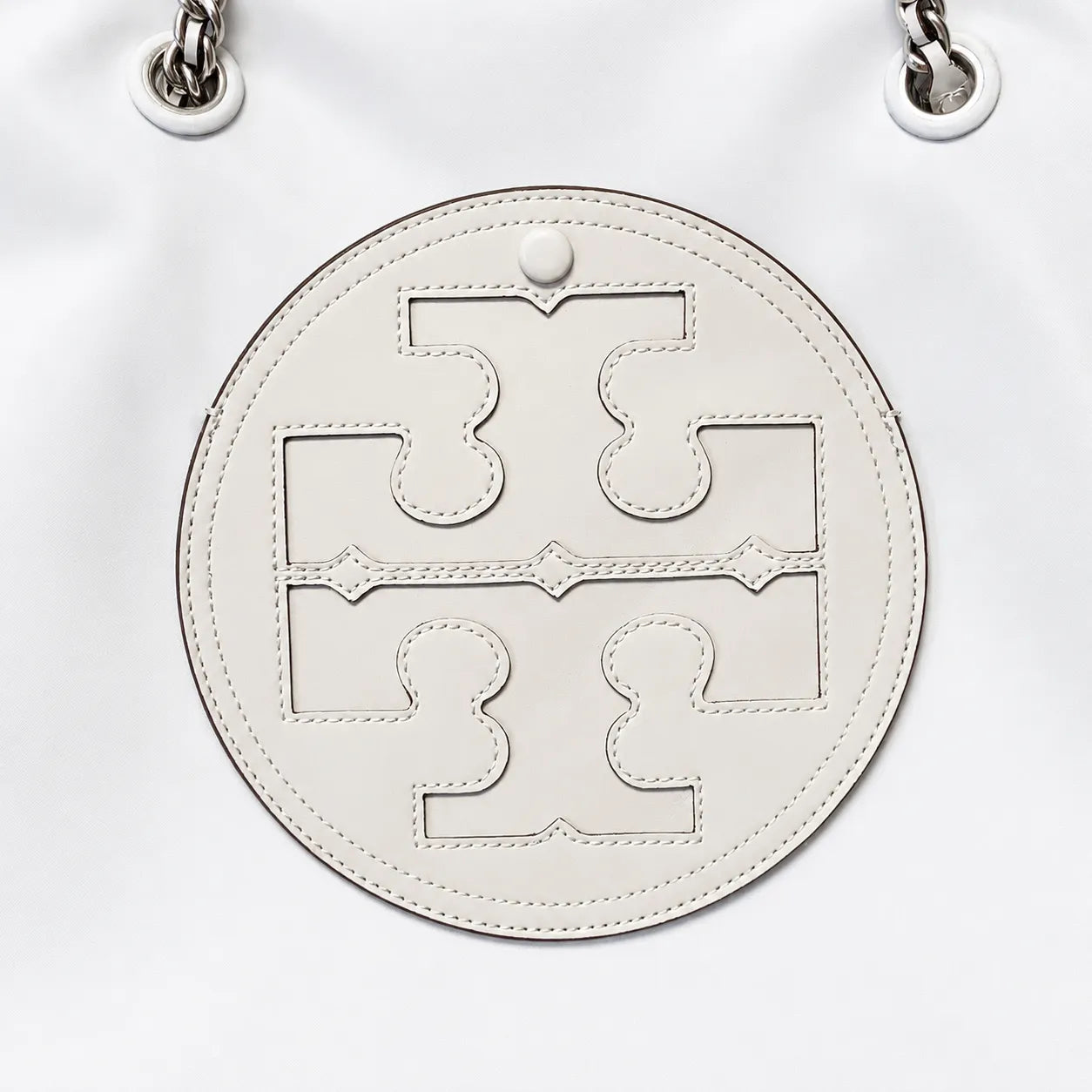 Tory Burch Ella | Light gray recycled nylon silver chain shoulder strap double T leather patch magnetic closure women's designer chain handbag
