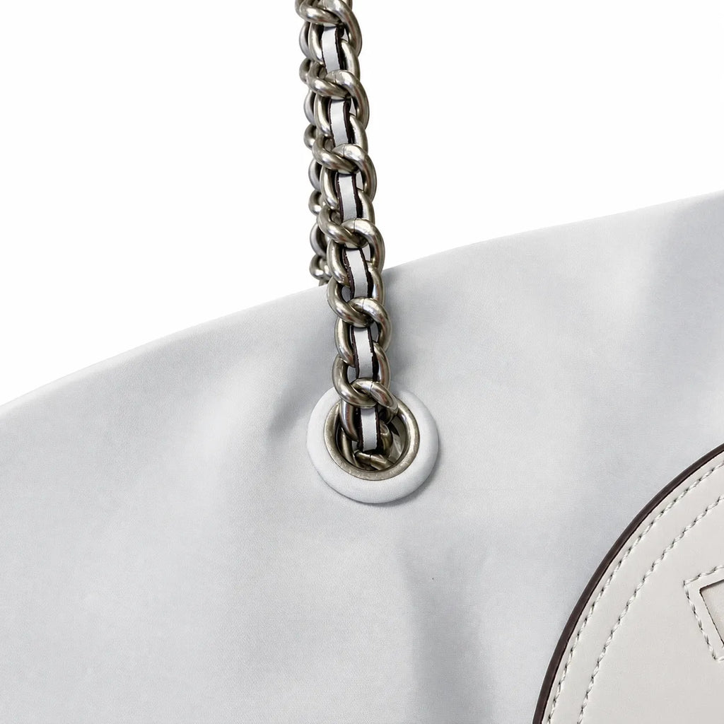 Tory Burch Ella | Light gray recycled nylon silver chain shoulder strap double T leather patch magnetic closure women's designer chain handbag