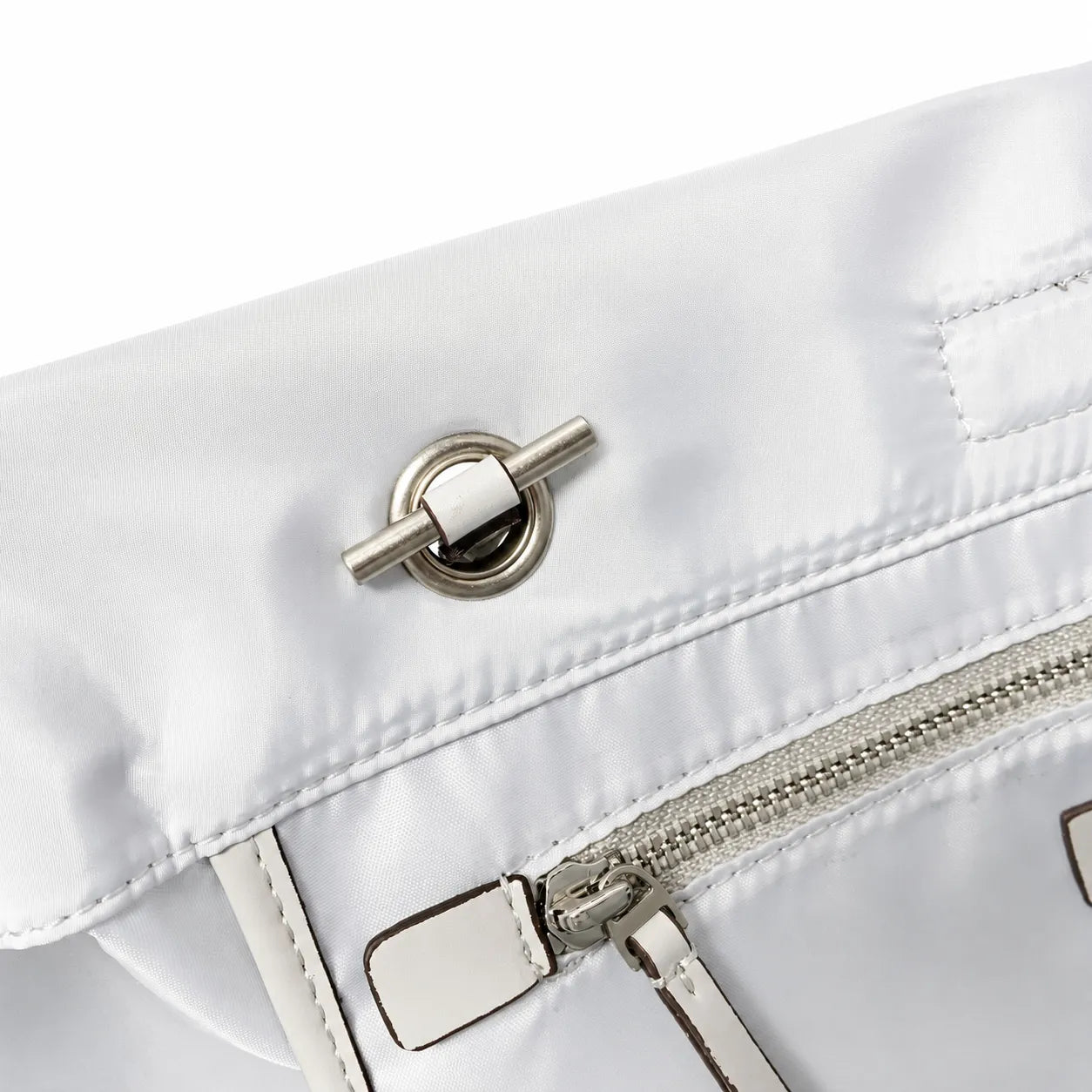 Tory Burch Ella | Light gray recycled nylon silver chain shoulder strap double T leather patch magnetic closure women's designer chain handbag