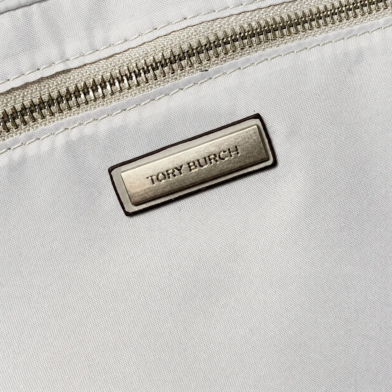 Tory Burch Ella | Light gray recycled nylon silver chain shoulder strap double T leather patch magnetic closure women's designer chain handbag