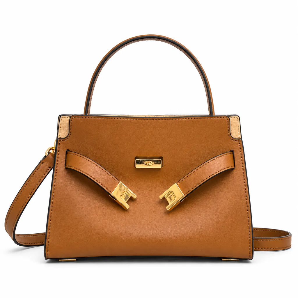 Tory Burch Double Lee Mini Tote Bag | Brown Leather & Gold Hardware, Detachable Strap, Multi-Compartment Interior, Women’s Designer Shoulder Handbag