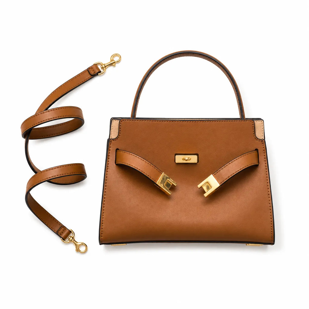 Tory Burch Double Lee Mini Tote Bag | Brown Leather & Gold Hardware, Detachable Strap, Multi-Compartment Interior, Women’s Designer Shoulder Handbag