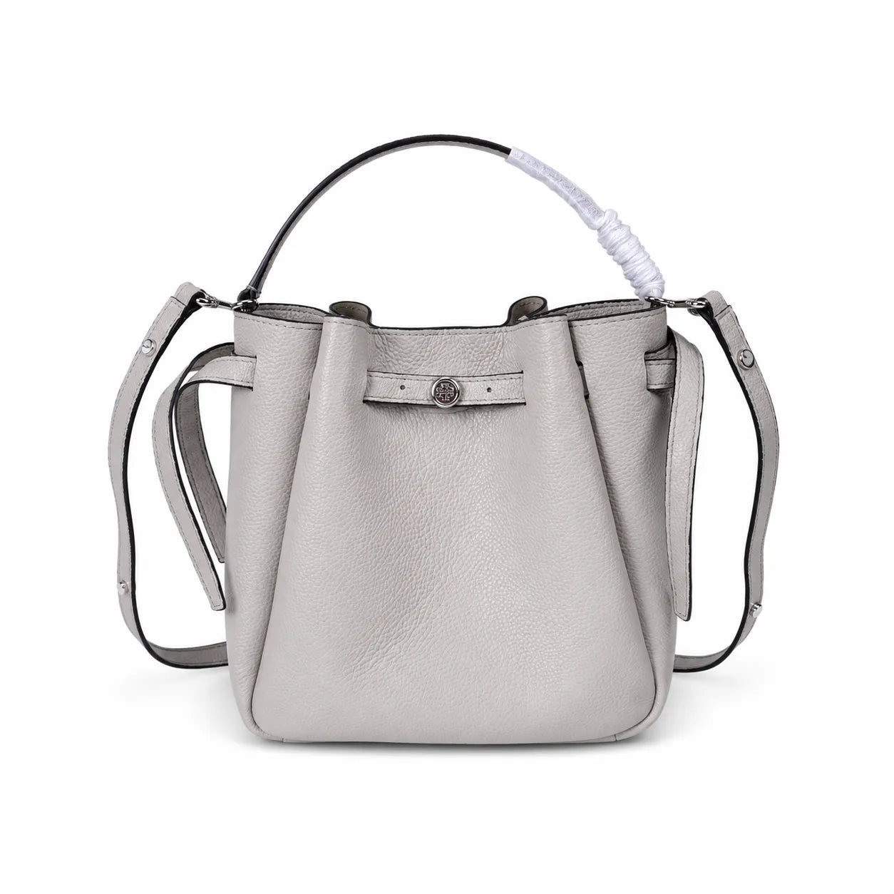 Tory Burch Romy | Black pebbled leather with adjustable shoulder strap and drawstring closure  women's designer shoulder bag