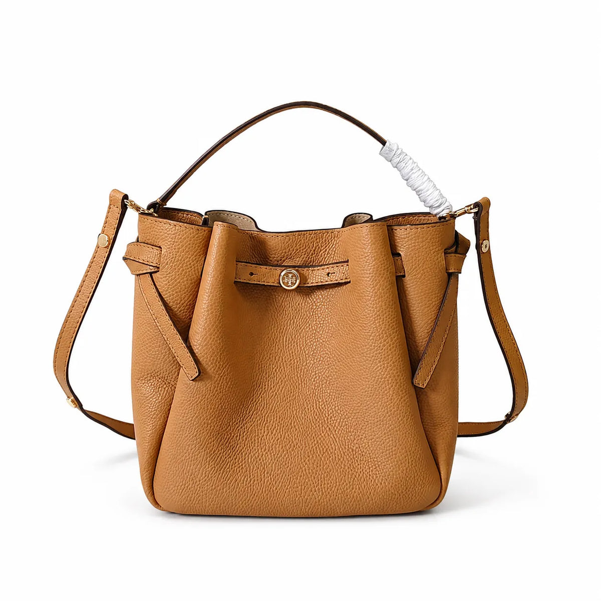 Tory Burch Romy | Black pebbled leather with adjustable shoulder strap and drawstring closure  women's designer shoulder bag
