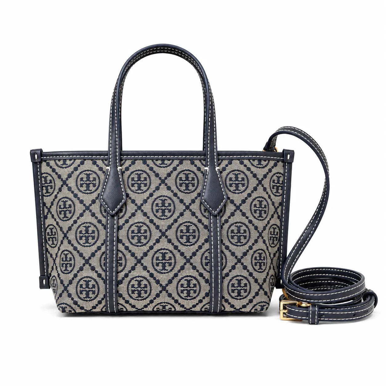 Tory Burch Perry | Grey T-patterned fabric with light grey leather trim detachable shoulder strap zip closure women's designer shoulder bag