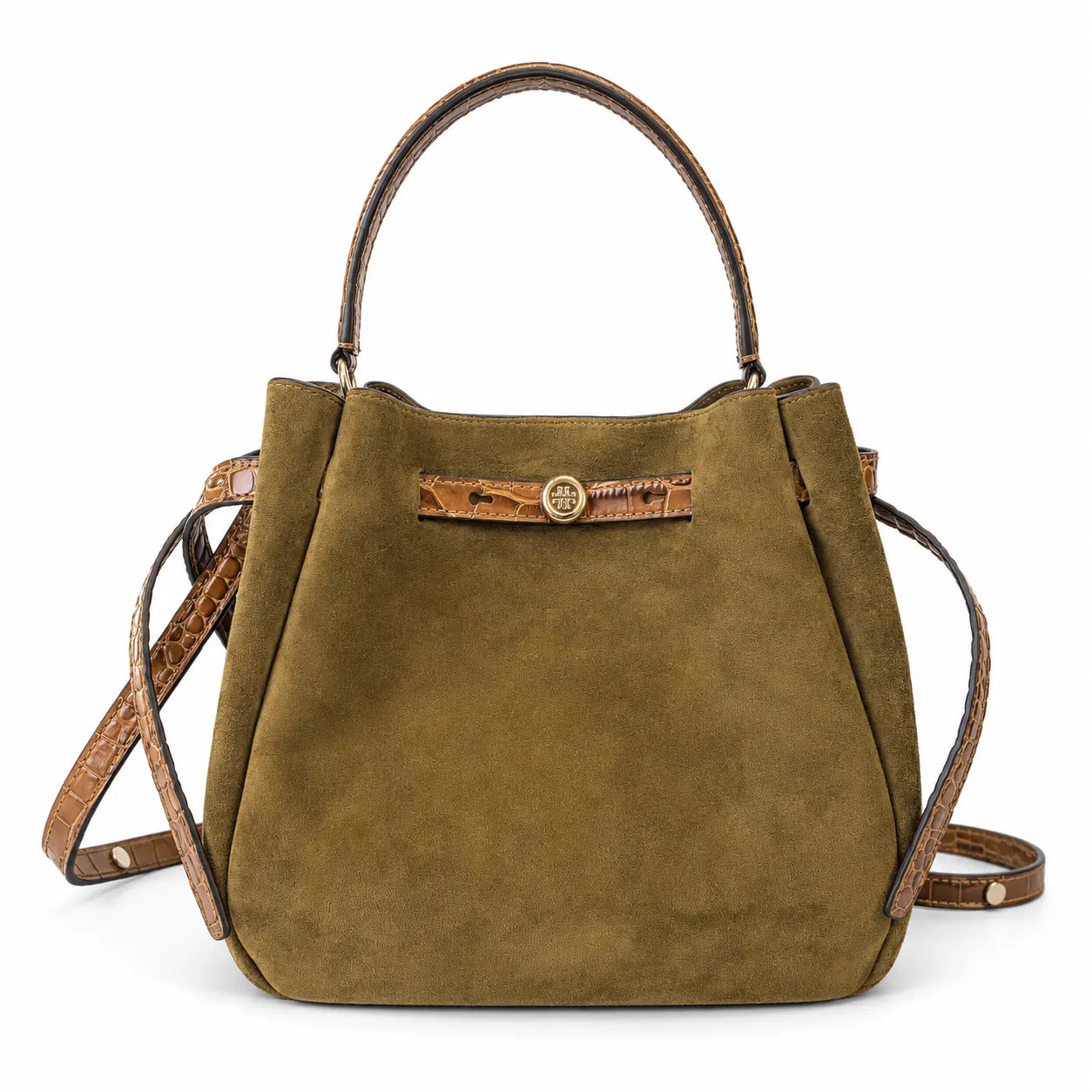 Tory Burch Romy | Caramel brown with adjustable shoulder strap and drawstring closure  women's designer suede bucket bag