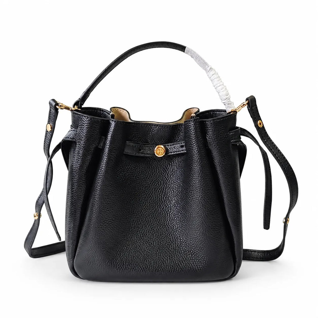 Tory Burch Romy | Black pebbled leather with adjustable shoulder strap and drawstring closure  women's designer shoulder bag