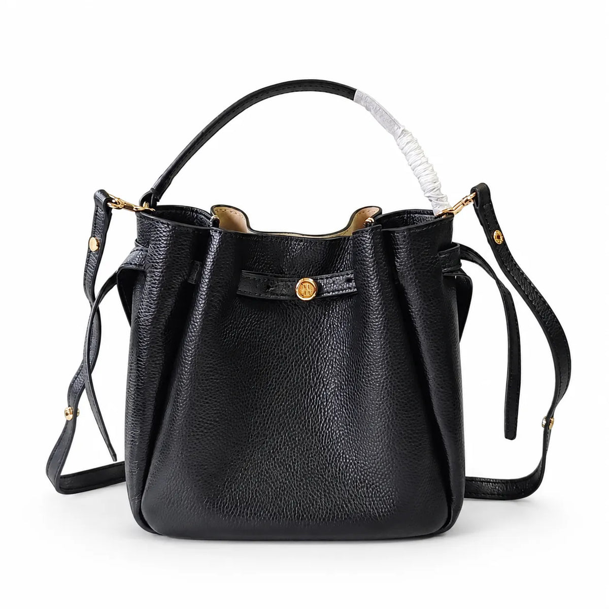 Tory Burch Romy | Black pebbled leather with adjustable shoulder strap and drawstring closure  women's designer shoulder bag