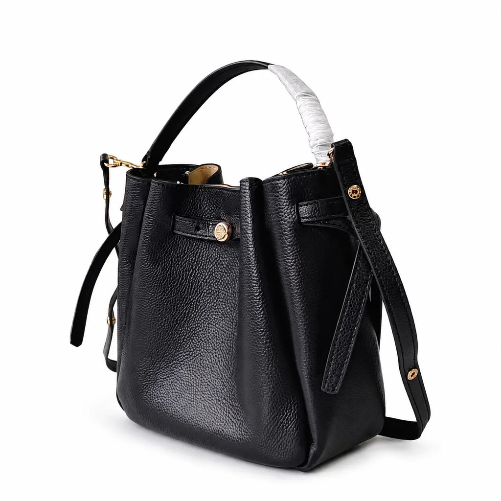 Tory Burch Romy | Black pebbled leather with adjustable shoulder strap and drawstring closure  women's designer shoulder bag