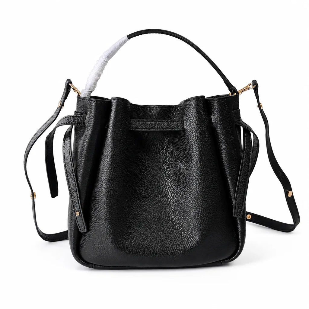Tory Burch Romy | Black pebbled leather with adjustable shoulder strap and drawstring closure  women's designer shoulder bag