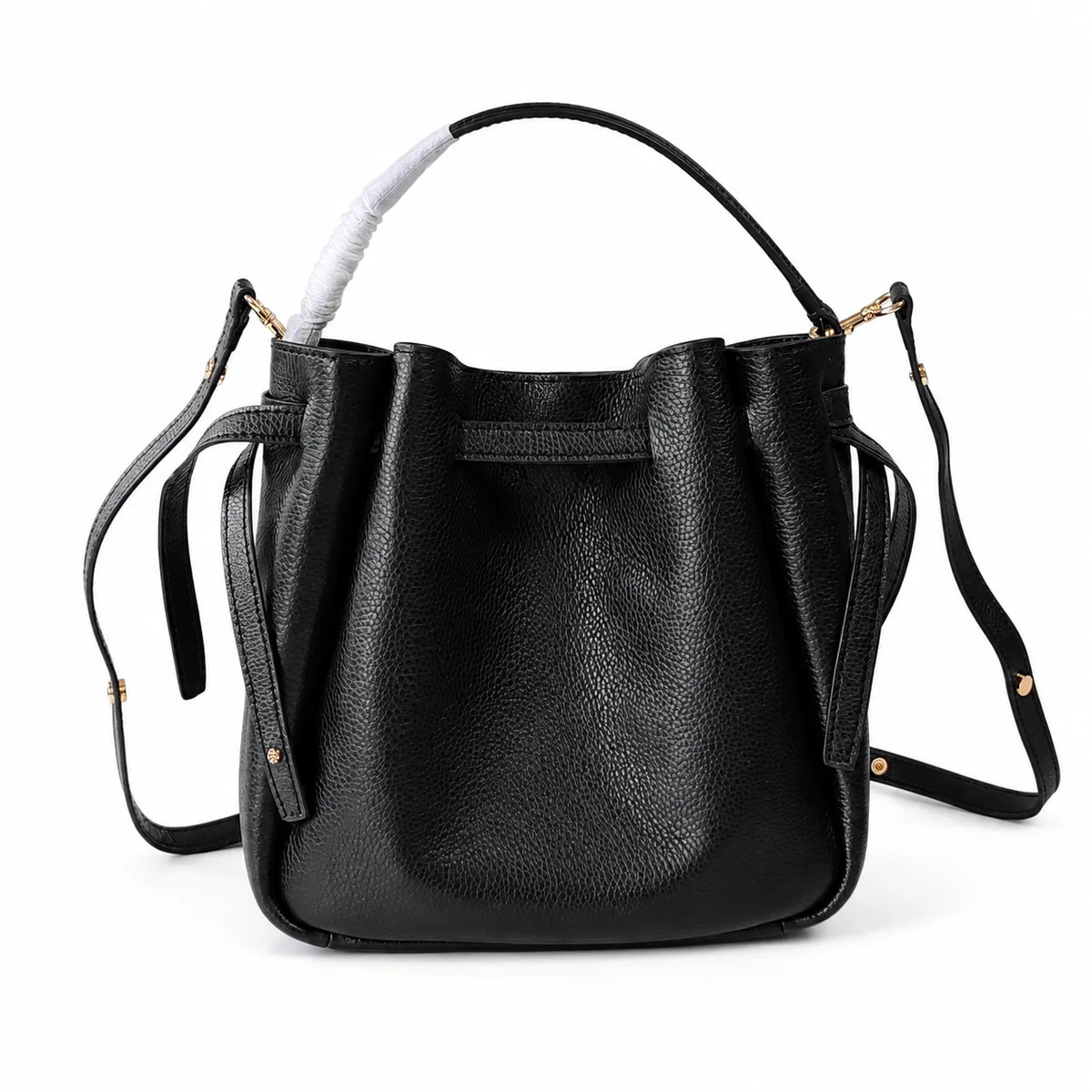 Tory Burch Romy | Black pebbled leather with adjustable shoulder strap and drawstring closure  women's designer shoulder bag