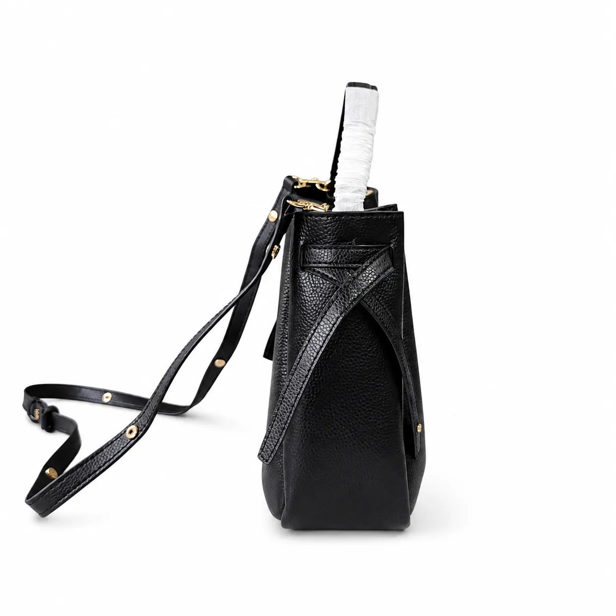 Tory Burch Romy | Black pebbled leather with adjustable shoulder strap and drawstring closure  women's designer shoulder bag