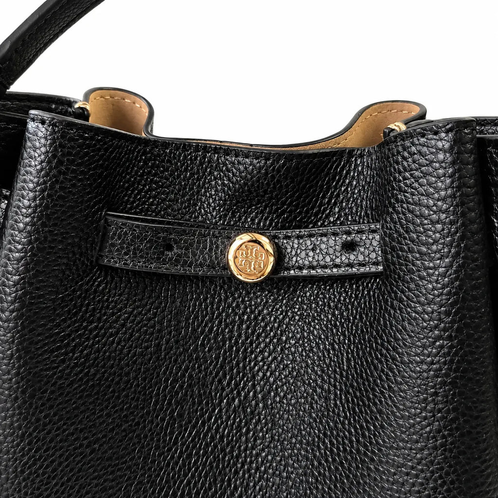 Tory Burch Romy | Black pebbled leather with adjustable shoulder strap and drawstring closure  women's designer shoulder bag