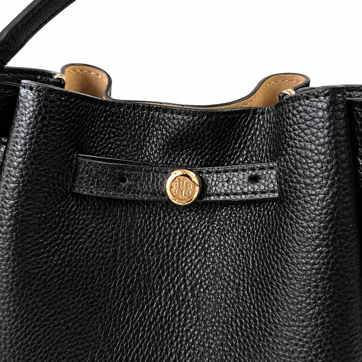 Tory Burch Romy | Black pebbled leather with adjustable shoulder strap and drawstring closure  women's designer shoulder bag