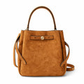 Tory Burch Romy | Caramel brown with adjustable shoulder strap and drawstring closure  women's designer suede bucket bag